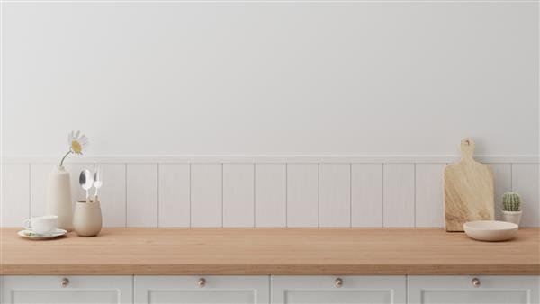 طرح ماکت پیشخوان مینیمال دنج برای پس‌زمینه ارائه محصول یا نام تجاری با پیشخوان و دیوار سفید رویه چوب روشن با فنجان قاشق چنگال گلدان گلدان فضای داخلی آشپزخانه
