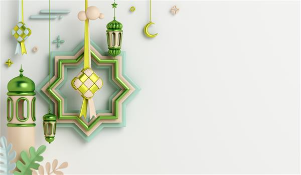 پس زمینه دکوراسیون اسلامی با کتوپات مسجد هلال سبک کارتونی فانوس رمضان کریم عید فطر فضای متنی کپی تصویر سه بعدی