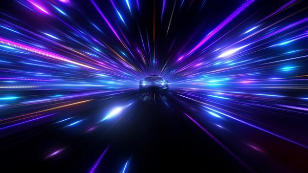 سرعت ماشین اسپرت در بزرگراه نئون شتاب قدرتمند یک سوپراسپرت در مسیر شب با چراغ ها و مسیرهای رنگارنگ رندر سه بعدی
