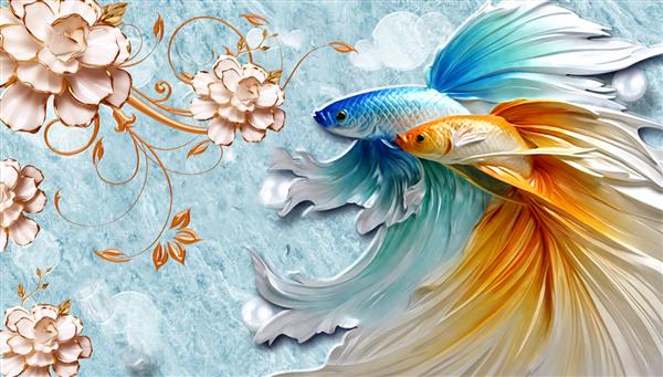کاغذ دیواری سفارشی سه بعدی ماهی و جواهرات گل و بافت طرح زیبا برای فضای داخلی