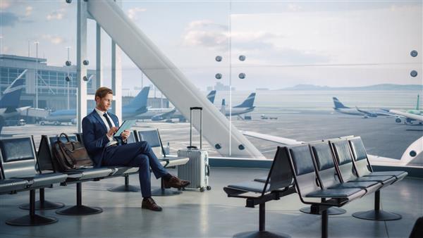 انتظار پرواز در ترمینال فرودگاه تاجر خندان از رایانه لوحی دیجیتال برای تجارت الکترونیک مرور اینترنت با برنامه استفاده می کند کارآفرین مسافرتی به صورت آنلاین کار می کند نشسته در سالن شبانه روزی مرکز هواپیمایی