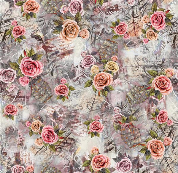 گل های رز آبرنگی زیبا با طرح باغچه رنگارنگ دیجیتالی انتزاعی در پس زمینه