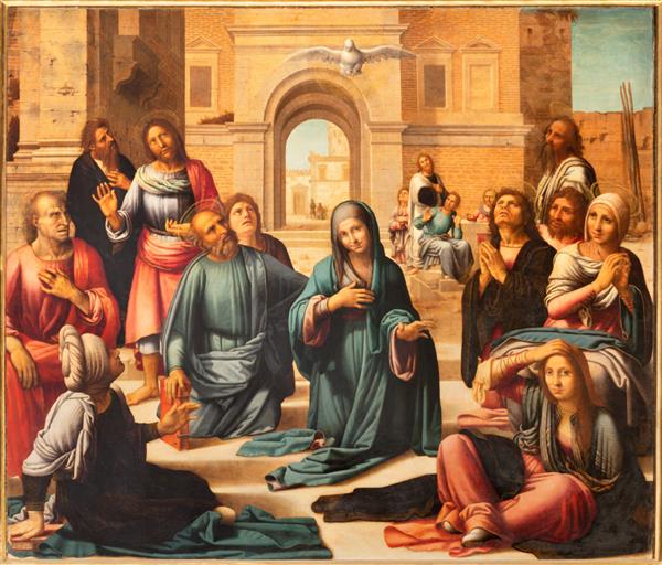 والنسیا اسپانیا - 14 فوریه 2022 نقاشی پنطیکاست در محراب اصلی در کلیسای جامع توسط فرناندو یانز د لا آلمدینا و هرناندو د لس لیانوس 1506 - 1510