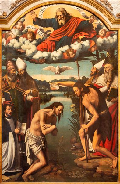والنسیا اسپانیا - 14 فوریه 2022 نقاشی غسل تعمید عیسی در کلیسای جامع - کلیسای عروج بانوی ما توسط ویسنته ماسیپ از اواخر قرن 15