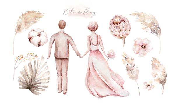 عروس و داماد آبرنگ در عروسی به سبک بوهو تصویر ازدواج دیجیتال دعوتنامه عروسی عاشقانه تاریخ را ذخیره کنید