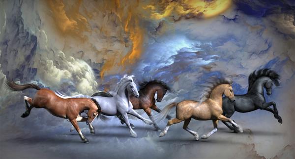 اسب‌های در حال تاخت در پس‌زمینه‌ای انتزاعی تصویر سه بعدی