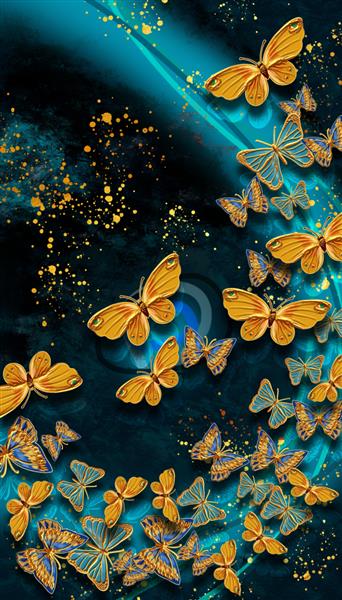 تصویر سه بعدی از نقاشی دیواری پروانه های در حال پرواز