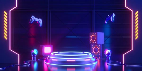 Podium Futuristic Sci-Fi رندر سه بعدی Alien Blue Neon Glass Modern Empty cyber Punk Gaming Neon Light هدفون