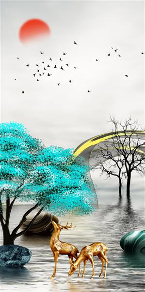 تصاویر سه بعدی از صحنه های طبیعی آهو درختان پرندگان
