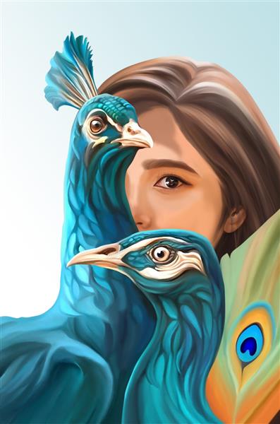 تصویر سه بعدی یک دختر زیبا و طاووس جذاب