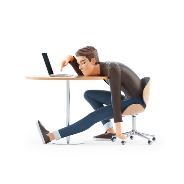مرد کارتونی سه بعدی خسته که روی میزش تکیه داده است تصویر جدا شده روی پس زمینه سفید