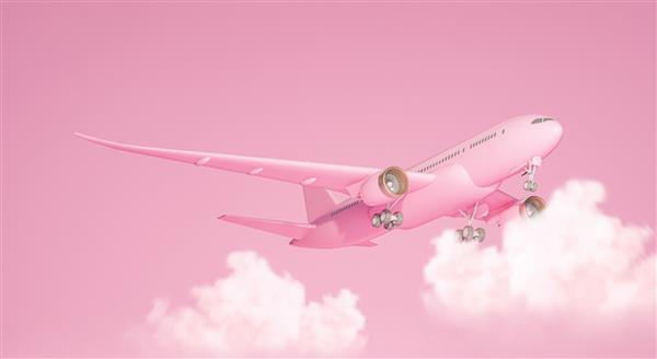 هواپیمای صورتی پاستلی در حال پرواز در آسمان با ابرها پرواز هواپیما و پس‌زمینه پاستلی مفهوم ایده حداقل مسافران هواپیمای مسافرتی مفهومی خطوط هوایی هواپیماهای تجاری جت رندر سه بعدی