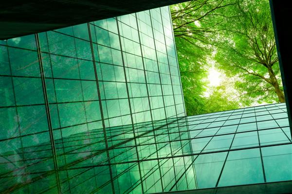 ساختمان سازگار با محیط زیست در شهر مدرن شاخه های درخت سبز با برگ و ساختمان شیشه ای پایدار برای کاهش گرما و دی اکسید کربن ساختمان اداری با محیط سبز مفهوم سبز برو