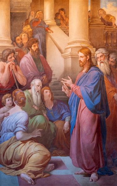 رم ایتالیا - 31 آگوست 2021 نقاشی دیواری عیسی در تدریس در کلیسای سانتا ماریا در مونتیچلی توسط سی ماریان 1859