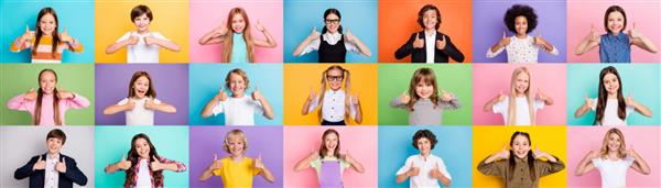 عکس کلاژی از چند نژاد مختلف دوستانه دانش‌آموزان پسر دختر بچه‌ها نشان می‌دهند که نشان می‌دهند تخفیف‌های فصلی را انتخاب کنید جدا شده روی پس‌زمینه رنگی