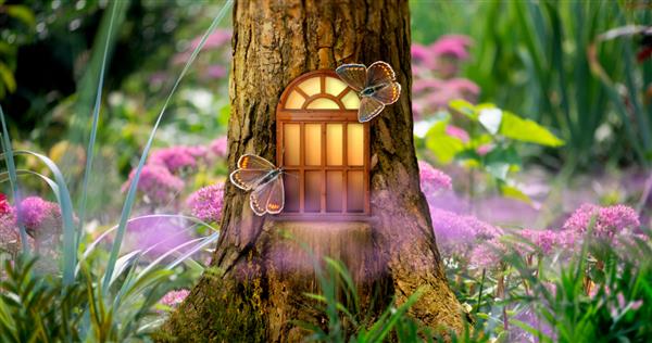جنگل افسانه ای فانتزی با پنجره درخشان جادویی جن یا گنوم خانه مسحور شده در توخالی از درخت کاج شکوفه دادن باغ گل های صورتی افسانه ای پرواز پروانه های آبی معمولی روی جنگل های آفتابی جادویی