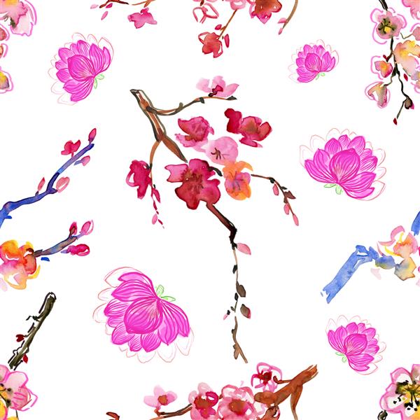 الگوی بدون درز آبرنگ با نقاشی گیاه شناسی جدا شده در پس زمینه سفید نقاشی گل عطر معطر کاغذ بسته بندی پارچه کاغذ دیواری عطر