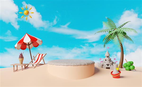 سکوی صحنه استوانه ای خالی با قلعه شنی صندلی ساحلی مخروط بستنی برگ نخل درخت نارگیل سطل ایزوله شده در پس زمینه آسمان آبی خرید مفهوم فروش تابستانی تصویر سه بعدی یا رندر سه بعدی
