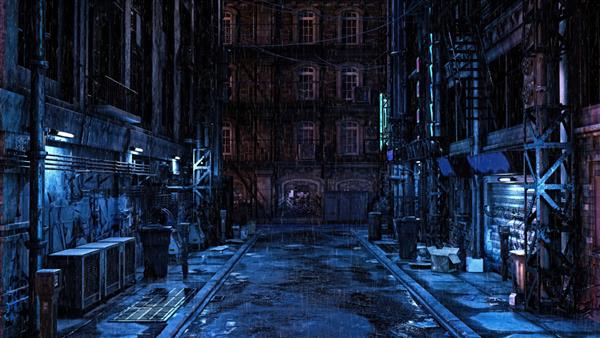 کوچه پس کوچه شهری آینده نگر تاریک در شب در باران تصویر سه بعدی مفهومی سایبرپانک