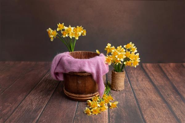 بشکه ای از چوب تزئین با نرگس سبد برای عکاسی از نوزادان گل های زرد مبلمان برای عروسک