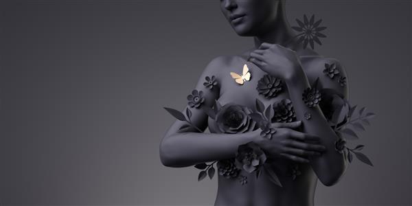 رندر سه بعدی نیم تنه زن گلدار مانکن سیاه تزئین شده با گل های کاغذی و پروانه طلایی شبح زن جدا شده در پس زمینه سیاه حمایت از سرطان سینه مجسمه گیاه شناسی مدرن