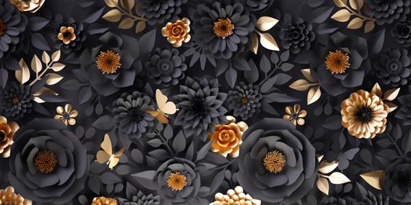 رندر سه بعدی پس زمینه هنر دکو انتزاعی با گل و برگ کاغذ سیاه و طلایی کاغذ دیواری گیاهی گلدار