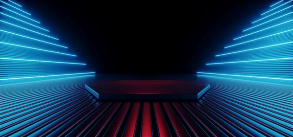 لیزر نئون پر جنب و جوش درخشان علمی تخیلی صحنه آینده ساز نمایشگاه کلوپ فلزی براق پس زمینه انبار آشیانه سایبری بنفش آبی درخشان تصویر رندر سه بعدی