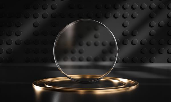رندر سه بعدی محصول نمایشگر شیشه ای طلای سیاه دایره استیج پودیوم