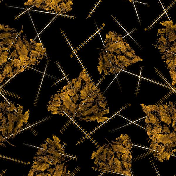 آبرنگ برگ های طلایی و خطوط روی زمینه سیاه کارت پستال پاییزی پارچه بافت گلدار الگوی بدون درز کاغذ دیواری طرح هندسی انتزاعی