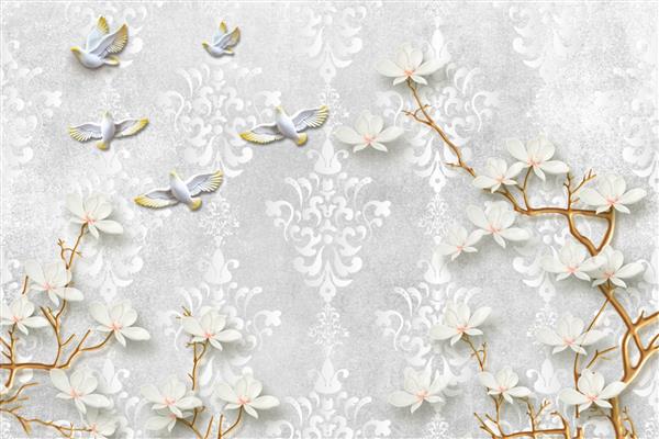 کاغذ دیواری سه بعدی طرح گل تزئینی با پرندگان در حال پرواز در زمینه زیبا