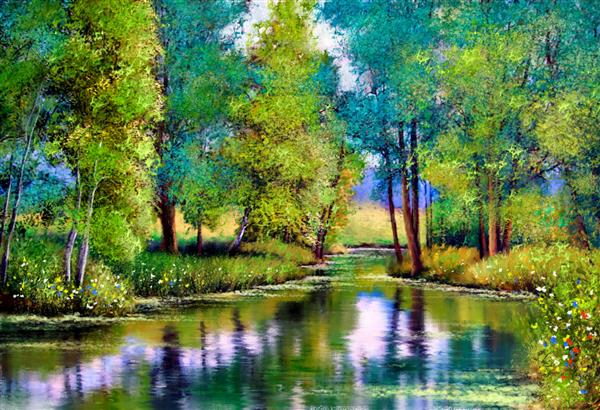 منظره نقاشی رنگ روغن منظره پاییزی با درختان و دریاچه