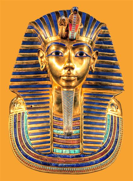 ماسک دفن توت عنخ آمون فرعون مصر در زمینه زرد