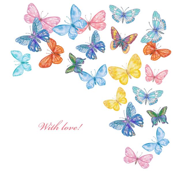 کارت پستال عاشقانه با پرواز پروانه های رنگارنگ زیبا نقاشی آبرنگ