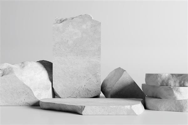 تریبون سنگ سفید پایه نمایش محصولات آرایشی و بهداشتی در زمینه سفید رندر سه بعدی