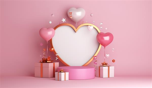 تزیین سکوی روز ولنتاین مبارک با بادکنک قلبی شکل جعبه کادو کانفتی تصویر رندر سه بعدی