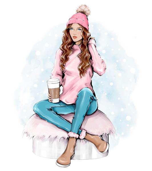 زن جوان زیبا با کلاه بافتنی گرم لباس زمستانی مد گاه به گاه مد روز زن زیبا که فنجان قهوه کاغذی در دست دارد نگاه زمستانی