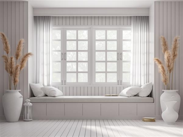 رندر سه بعدی صندلی پنجره به سبک وینتیج دیوار و کف تخته چوب سفید با شیشه بزرگ سفید با گل نی خشک تزئین شده است پنجره های بزرگ به بیرون برای دیدن طبیعت