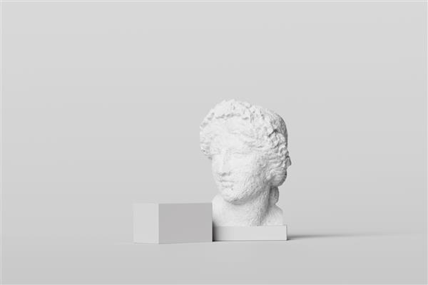 نمایشگر سکوی سه بعدی با سنگ سفید زن باستانی مجسمه یونانی سبک خوبی رومی مجسمه سر در پس زمینه خاکستری آرایشی ارائه محصول رندر انتزاعی زیبایی سه بعدی