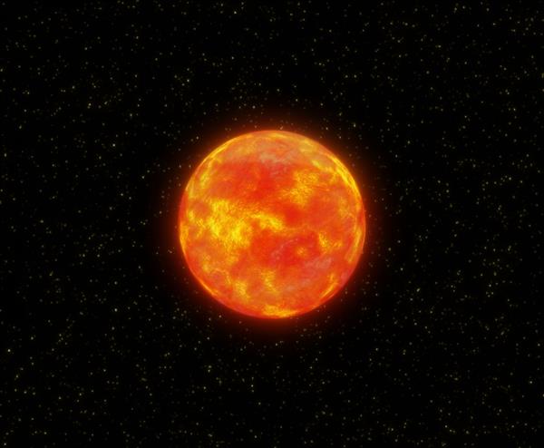 ستاره کوتوله سرخ در کیهان پرواز فضایی به سمت ستاره قرمز رندر سه بعدی