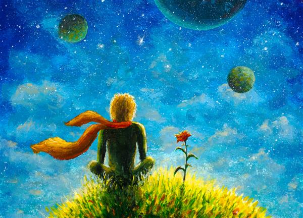 شاهزاده پسر کوچولو و گل رز در یک سیاره پری زیبا تصویرسازی برای کودکان کتاب افسانه ها یا پوستر