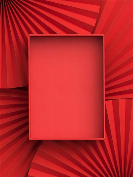 ماکت حداقل زیبایی برای ارائه محصول جعبه کاغذ باز قرمز خالی روی پس زمینه مدال پنکه کاغذ قرمز تصویر رندر سه بعدی مسیر برش هر عنصر گنجانده شده است