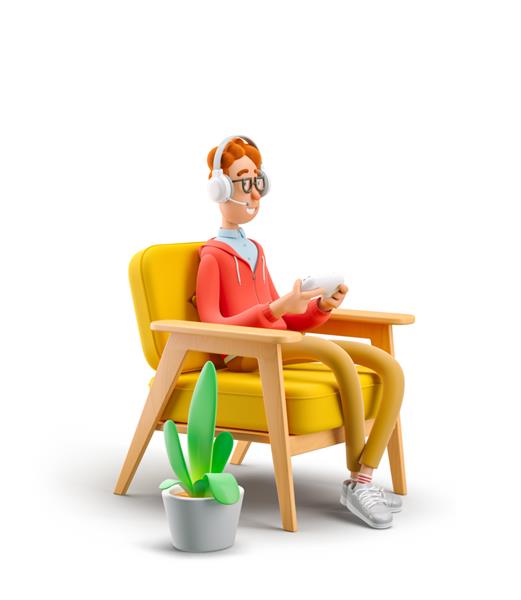 مفهوم بازی Nerd Larry در حال بازی های ویدیویی در حالی که روی صندلی نشسته است تصویر سه بعدی