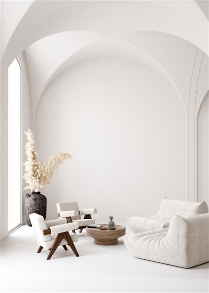 فضای داخلی سفید مینیمالیستی معاصر سبک Scandi-Boho رندر سه بعدی