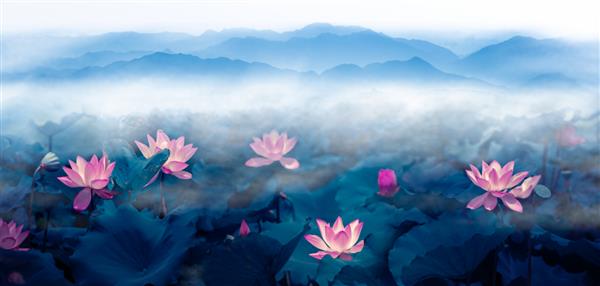 در صبح تابستان نیلوفر آبی برکه و ابرهای کوهستانی دور و مه نقاشی منظره با جوهر بزرگ و گسترده در نقاشی چینی و سبک تصویرسازی سه بعدی