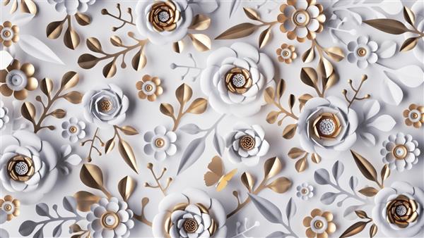رندر سه بعدی پس زمینه انتزاعی با گل های کاغذی سفید و برگ های طلایی کاغذ دیواری گیاهی گلدار