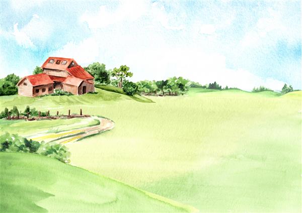 مزرعه قدیمی در حومه شهر با فضای کپی تصویر نقاشی دستی با آبرنگ