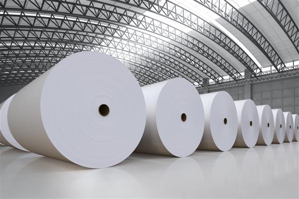 رندر سه بعدی رول کاغذی بزرگ سفید در کارخانه