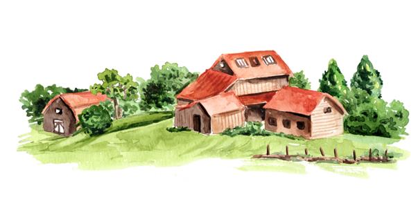 مزرعه قدیمی در حومه شهر تصویر نقاشی دستی با آبرنگ جدا شده در پس‌زمینه وایر