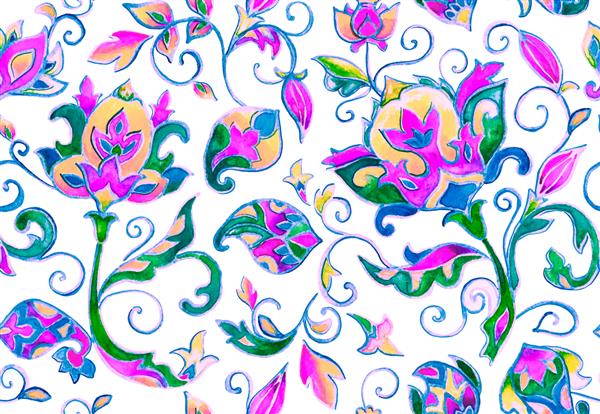 کاشی طرح گل آبرنگ پیزلی گل گل لاله برگ رنگ آمیزی سنتی هندی شرقی با آب رنگ چاپ بدون درز عجیب و غریب طرح سرامیکی پس زمینه انتزاعی باتیک هند