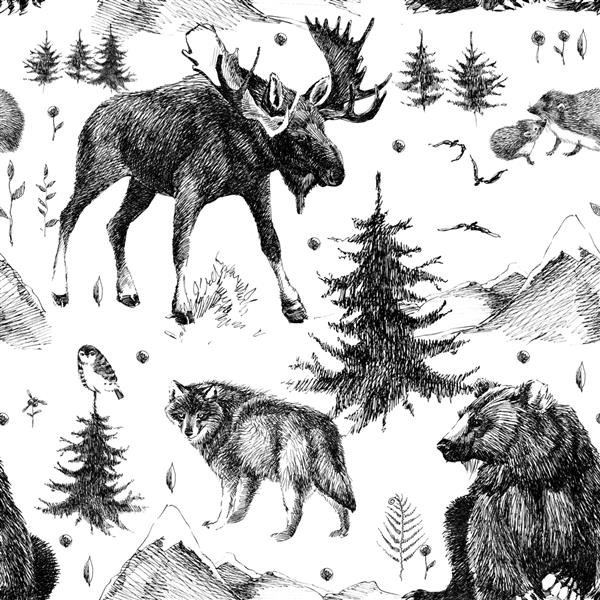 الگوی بدون درز با جنگل های اسکاندیناوی و حیوانات وحشی گرافیک خط طراحی دستی طرح پارچه مد رنگ تک رنگ